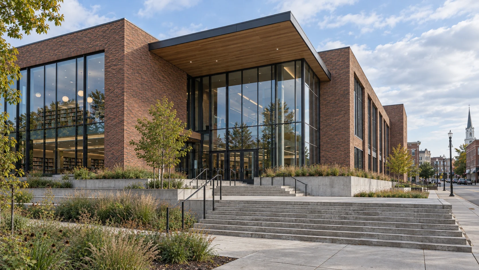 Brick and glass community library with a timber canopy and broad public steps